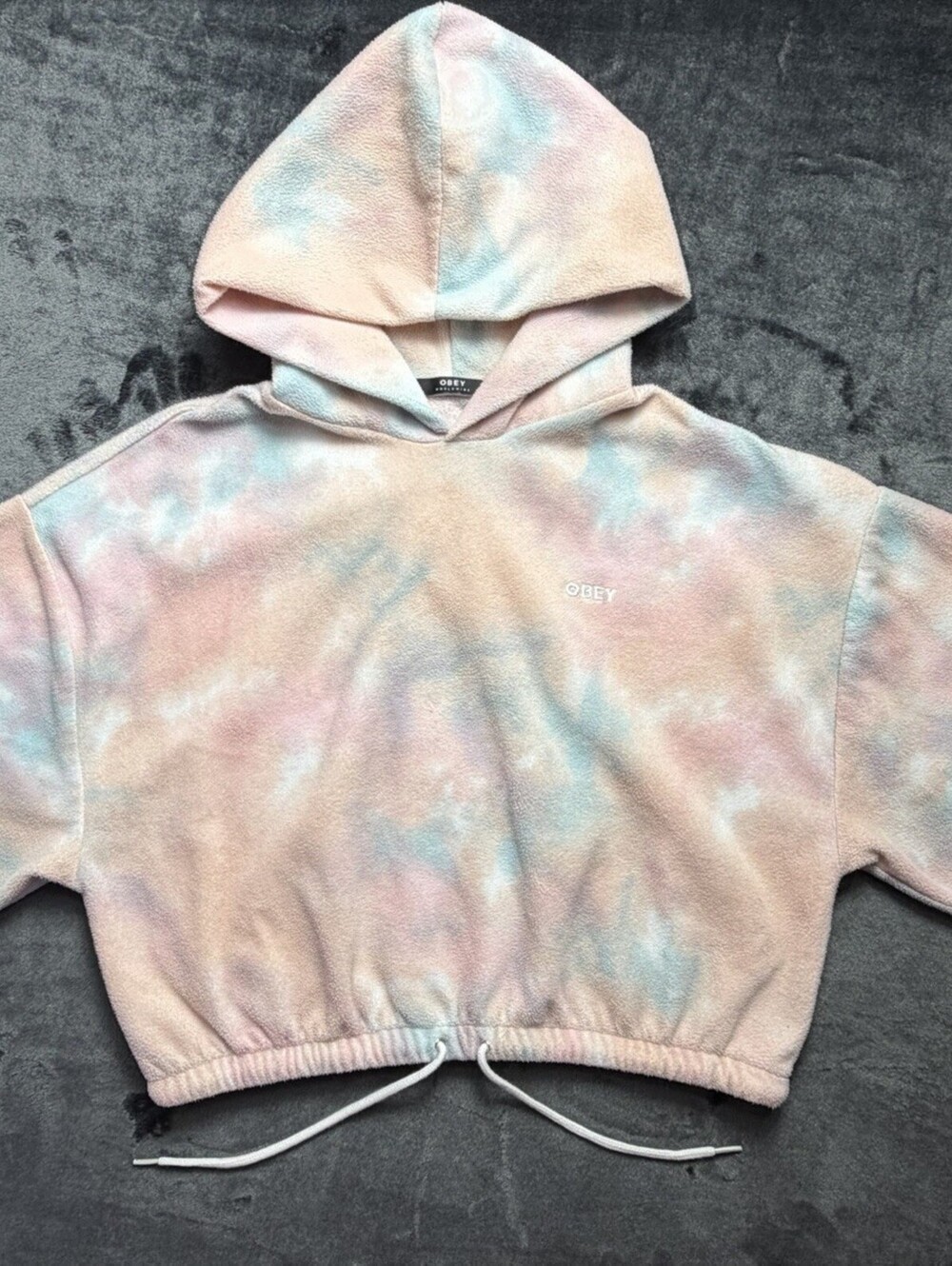 Obey Tie Dye Fleece Cinch Hem Cropped Hoodie Pullover Pastel Pink Blue Womens S